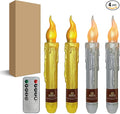 Gold Silver Christmas Flameless Short Taper Candles, Red Green LED Battery Operated with Remote, Flickering Flame Lights for Home Décor, 6.7 Inch Primitive Flameless Print Candles, 4PCS