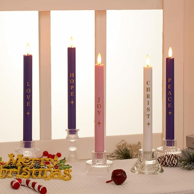 Flameless Advent Candles Battery Operated, Advent Candles Set of 5, 10 Inch Tall, Realistic 3D Flames and Remote Control, Electric LED Candle Set for Advent Wreath