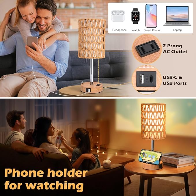 Rattan Table Lamps for Living Room, 3 Way Dimmable Touch Lamps, Small Bedside Lamps with LED Bulbs, Phone Stand, USB Ports and AC Outlet, Boho Nightstand Lamp for Bedroom Office (1 Pack Faux Wood)
