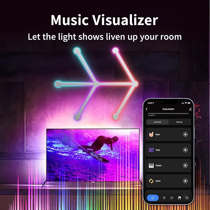 RGBIC Smart WiFi Glide Wall Light, Compatible with Alexa and Google Assistant, 16M+ Colors, Music Sync, Gaming Room/Bedroom Decor Lights(6 White Lines Light)