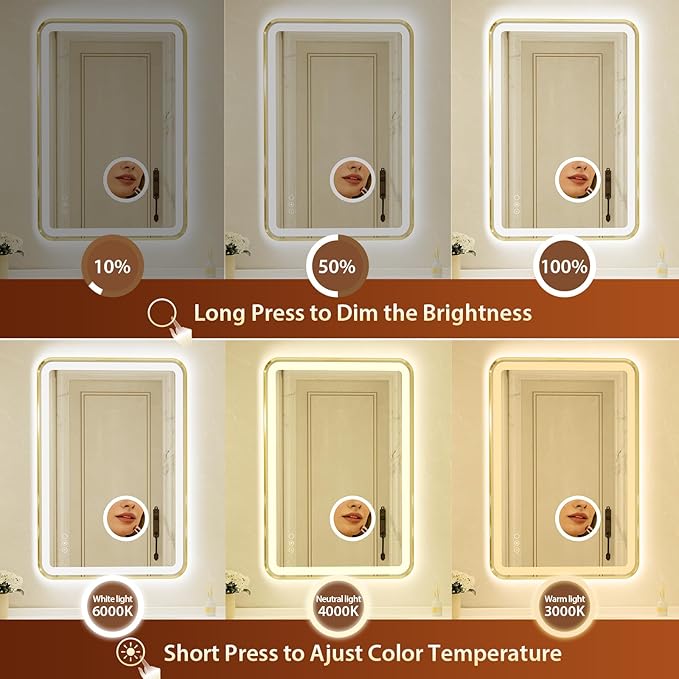 24x36 Inch Gold Framed LED Bathroom Mirror with Lights,Magnifying Tempered Glass,Dimmable Lighted Bathroom Vanity Mirror with 3 Colors, Backlit + Frontlit, Anti-Fog