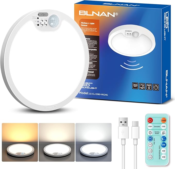 BLNAN Rechargeable Motion Sensor Ceiling Light with Remote, Dimmable Closet Light, LED Shower Lights, Waterproof Battery Operated Ceiling Light for Closet Shower Stairs Shed Hallway Porch