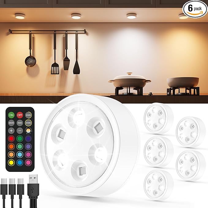 Rechargeable Puck Lights with Remote Control, 2400mAh Battery Powered LED Tap Light Push Lights Stick On for Closet USB Display Shelf Light Magnetic Under Cabinet Press Button Lighting for Classroom