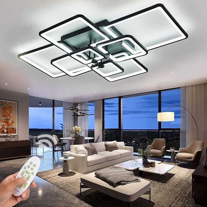Modern LED Ceiling Lamp, 41.7in Flush Mount for Living Room, Kitchen, Bedroom - Dimmable, 8 Square Frame Acrylic with Remote