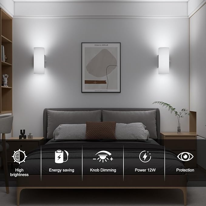 ChangM Wall Sconce Set of 2 Modern LED Wall Light Lamps Dimmable by Rotate Button 12W Cool White 6000K Up and Down Acrylic Lighting Fixture for Living Room Bedroom Hallway Conservatory Room Decor