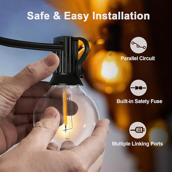 Outdoor String Lights, LED Patio Hanging Lights with Waterproof G40 Globe Plastic Bulbs for Outside Backyard Porch Garden Cafe Decor (25ft - 14 LED Bulbs)