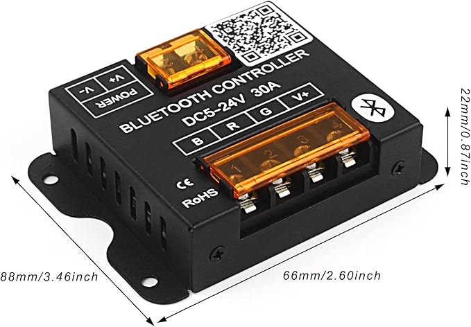VIPMOON Bluetooth LED Music Controller DC5-24V 30A Smart RGB Bluetooth Controller with Timer Function for 5050 3528 RGB LED Light Strip, iOS Android Smartphone App Control, Metal Shell