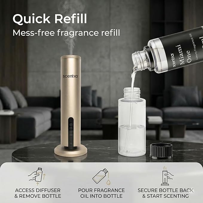 Scentia Wireless Waterless Hotel Scent Diffuser | Includes Premium USA-Made Oil Blend | App Controlled, Cordless | Home, Office, Spa, Aromatherapy | Covers 1500 Sq Ft | 72 Hrs in 1 Charging | Gold
