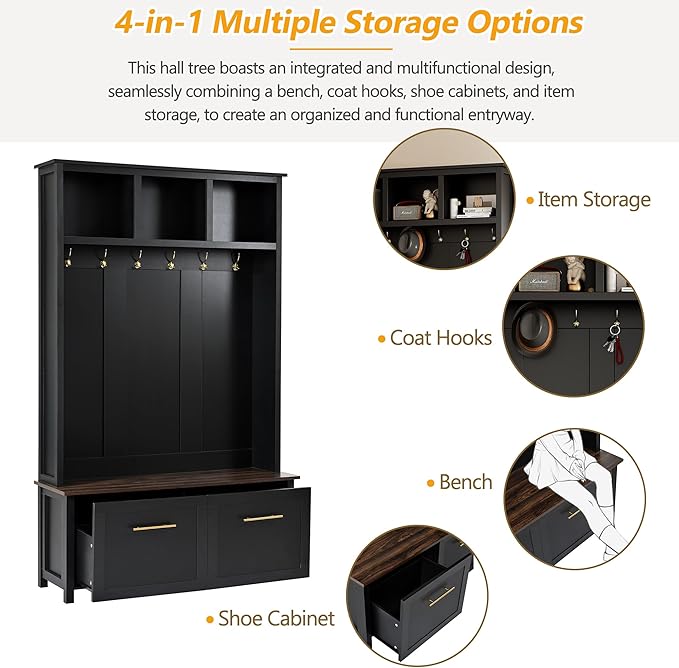 Merax 4-in-1 Hall Tree with Bench, Modern Versatile Multiple Storage Space with 6 Golden Hooks, 2 Drawers, Entryway Coat Rack for Living Room, Hallway, Black
