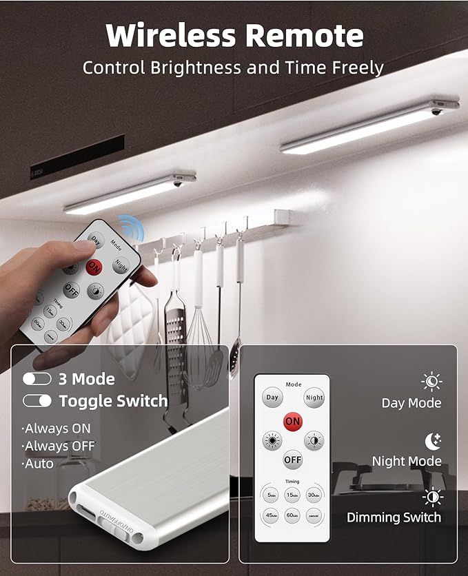 EZVALO Under Cabinet Lights, 14.5'' Motion Sensor Light Indoor Dimmable, 4000mAh Rechargeable Closet Lights 5700K with Remote Control, Wireless Under Counter Light for Kitchen,Cabinet,Bedroom（4Pcs）