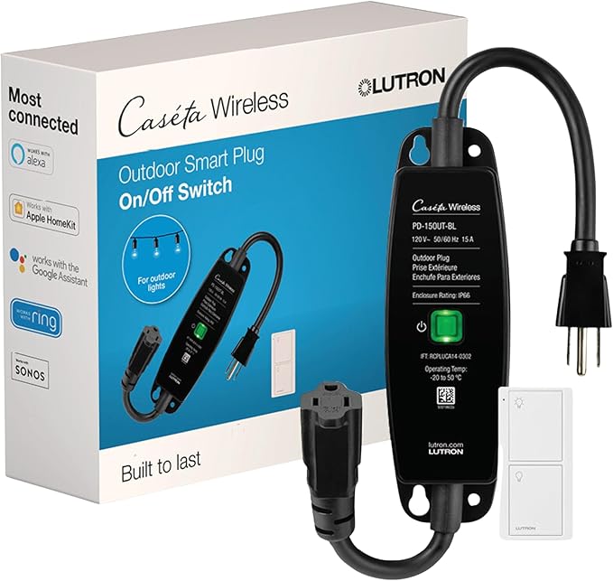 Lutron Caseta Outdoor Smart Plug Weatherproof+ and Pico Smart Remote, for Landscape and String Lighting, P-PKG1OUT-BL, Black