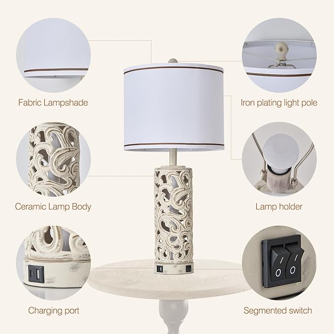 AIDENOEY Set of 2 Farmhouse Table Lamps with 2 USB Charging Ports, Vintage Carved Bedside Lamps with Smart Dimmable Bulbs, Rustic Nightstand Lamps for Bedroom Living Room Home Decor