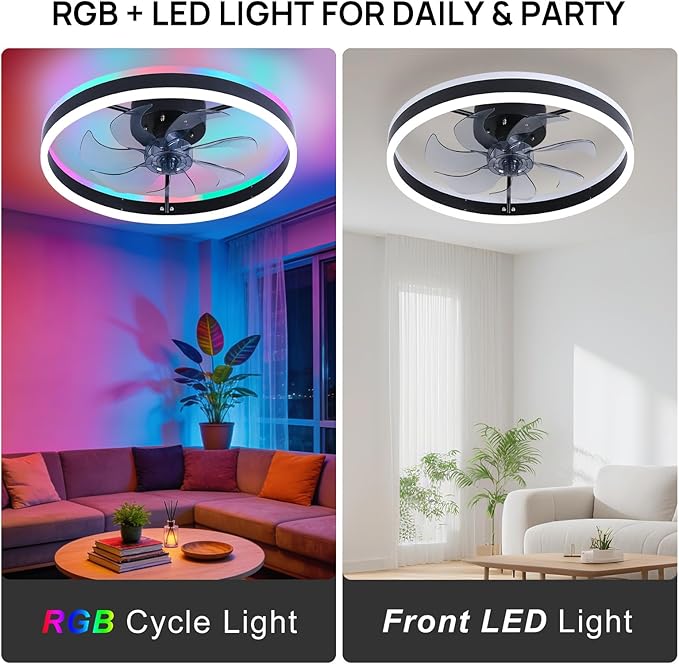 16 Inch RGB Low Profile Ceiling Fans with Lights, Modern Flush Mount Fandelier Chandelier Fixture, Remote & APP Control, Black LED Ceiling Fan Light for Bedroom, Living Room, Kitchen Indoor