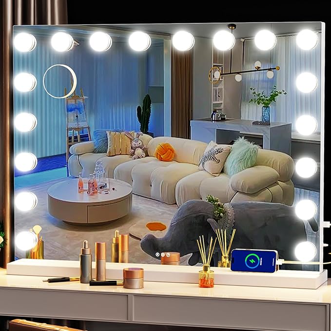 Vanity Mirror with Lights, 32 x 24 Tabletop Hollyhood Makeup Mirror, Hollywood Lighted Mirror with 18 Dimmable LED Bulbs,3 Colors Modes,Touch Control,Metal Frame,