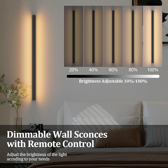 Aipsun Rechargeable Battery Operated Wall Sconce,9000mAh Black Wall Sconces 3000K-6000K LED Wireless Wall Light for Bedroom, Hallway Living Room,31.5 Inch,Black(2 Packs)