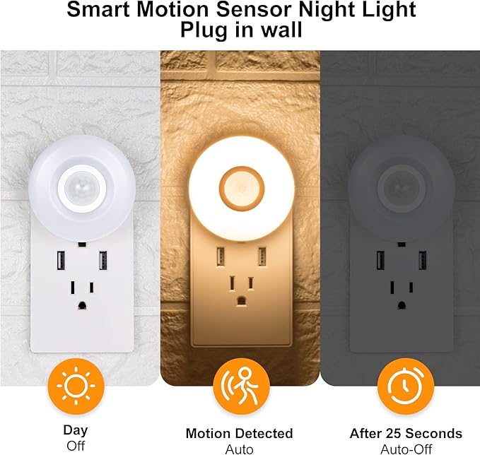 YELKO Night Light Plug in, 200LM Super Bright Plugin Nightlights, [4Pack] LED Motion Sensor Night Lights Plug Into Wall, Auto On/Off Smart Warm White Lights for Bathroom,Hallway,Stairs.