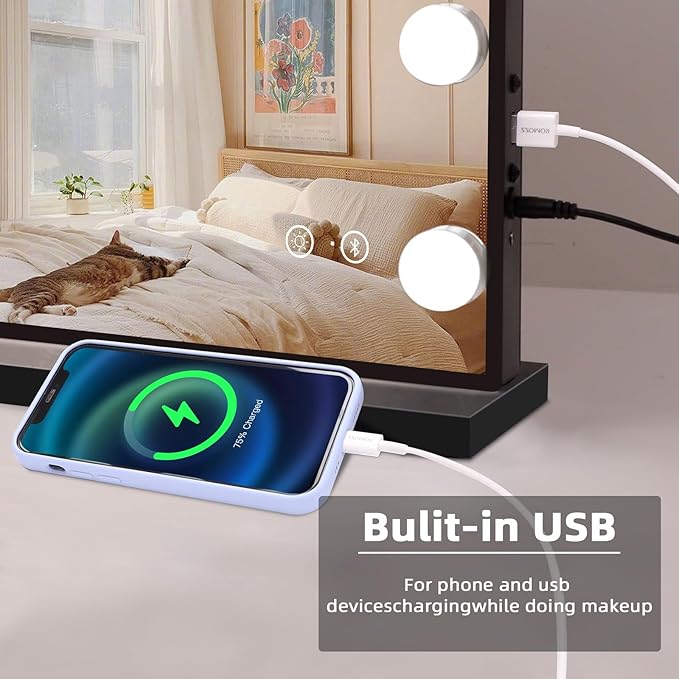 FENCHILIN Hollywood Vanity Mirror with Lights and Bluetooth Speaker Makeup with 15 Dimmable Lighted LED Bulbs Tabletop or Wall-Mounted for Dressing Room Bedroom