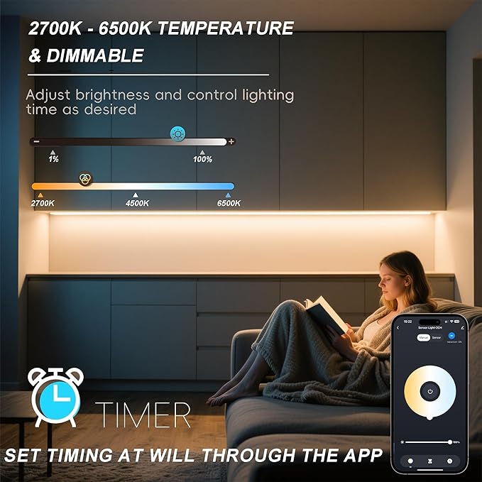 42inch WiFi Night Light Radar Motion Sensor Silicone LED Under Cabinet Lights RGB CCT White 2700K-6500K, Waterproof, APP Control, Dimmable Timing, for Google Home Alexa, for Kitchen, Under Counter