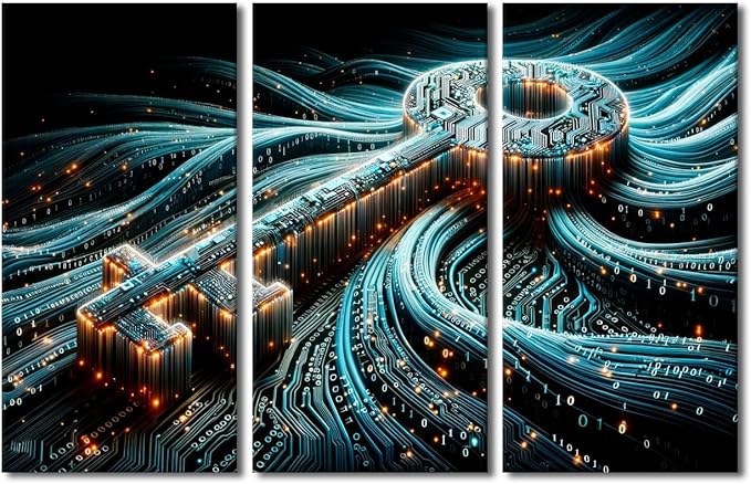 TUMOVO 3 Panel Bedroom Wall Art Cyber Security Concept with Key on Circuit Board Pictures Posters, Modern Art for Home Hotel Office Wall Decoration, Stretched Framed Ready to Hang, 42" Wx28 H