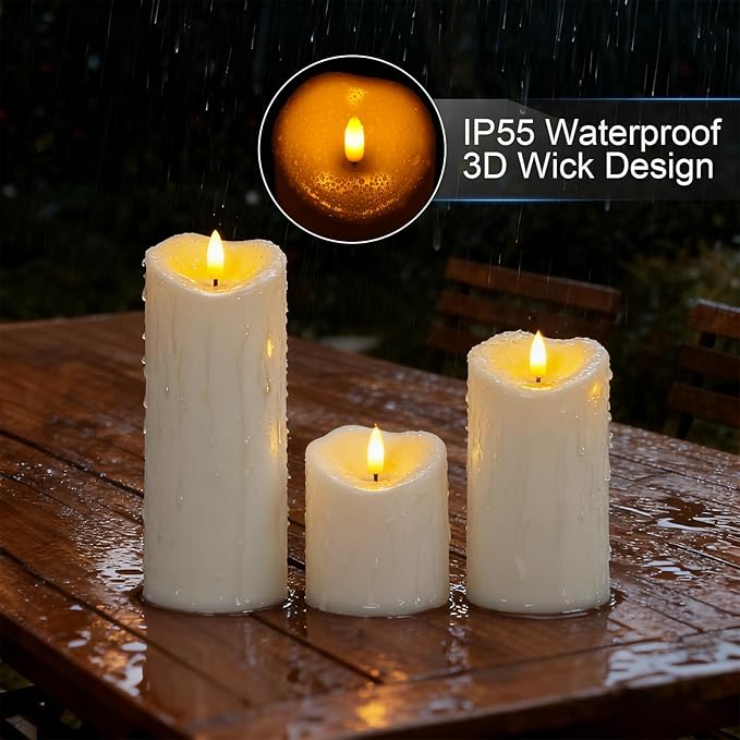 Raycare 3"x4"6" 8" Outdoor Waterproof Flameless Candles, Battery Operated LED Candles with Remote Control and Timer, Electric Fake Plastic Pillar Candles, Ivory White, Set of 3