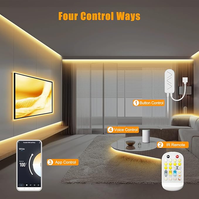16.4ft Tunable White Smart COB Led Strip Light Kit, CCT 2700K-6500K Bright COB Led Tape Light Compatible with Alexa and Google, Dimmable Indoor COB Led Ribbon for Kitchen Cabinet, Room, TV