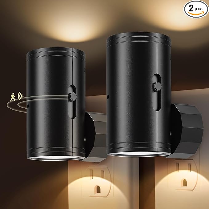 LED Night Lights with Motion Sensor & Dusk to Dawn Sensor, Night Lights Plug into Wall Dimmable Soft White Nightlight with 5-300lm Adjustable Brightness for Bedroom, Bathroom, Stairs, Hallway 2 Pack
