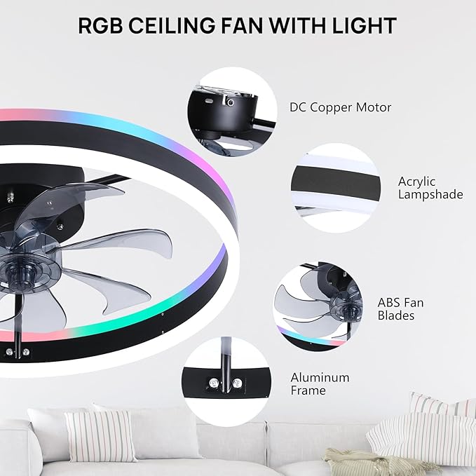 RGB Ceiling Fans with Lights, 20" Fandelier Low Profile Ceiling Fan with Light, Modern Flush Mount Ceiling Fan Light with Remote/APP Control, Bedroom Chandelier Fan Fixture for Indoor(Black)