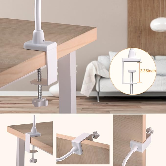 LED Desk Lamp With Clamp, 10W Gooseneck Lamps Touch Control,Swing Arm Clamp Lamp, Architect Clamp Desk Lamp Dimmable,Nail Lamp for Desk Table (White)