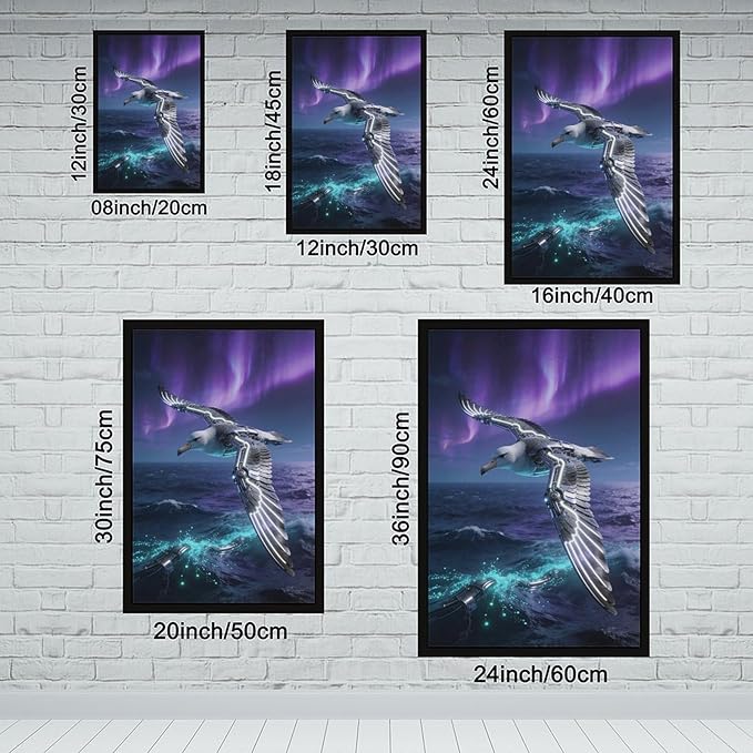 Framed Steampunk Mechanical Seagull Wall Art - Aurora Ocean Retro Poster for Bedroom Game Room Decor 16x24in