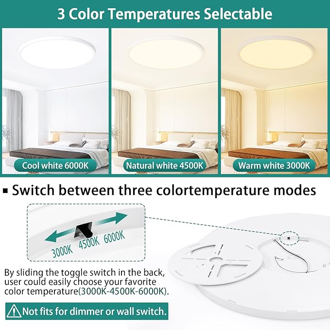 24 Inch LED Flush Mount Ceiling Light Fixture,Dimmable Ultra Thin Low Profile,48W 4800 Lumens,3 CCT Color Selectable,Modern Round White Ceiling Light for Living Room,Bedroom,Kitchen,Office