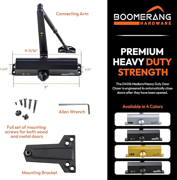 Boomerang Medium/Heavy Duty Automatic Commercial Door Closer - D4016 Surface Mounted, Grade 1- ADA & UL 3 Hour Fire Rated, Adjustable Size 1-6 for Entry & Aluminum Storefronts, Matte Black (US19)