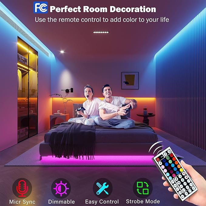 Leeleberd 32.8ft Led Strip Lights Smart App Music Sync Color Changing RGB Led Light Strips Bluetooth LED Strips with Remote Led Lights for Bedroom Home Decoration