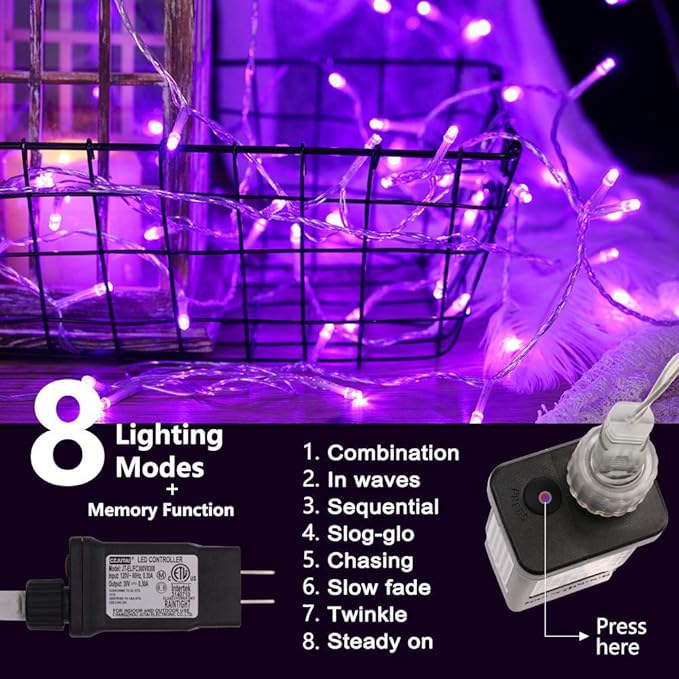 Christmas String Lights Purple - 220 LED 25m/82ft 8 Modes End-to-End Plug in Indoor/Outdoor Waterproof Decorative Inside/Outside Fairy Twinkle Xmas Tree Lights for Halloween/Wedding/Patio/Room/Home
