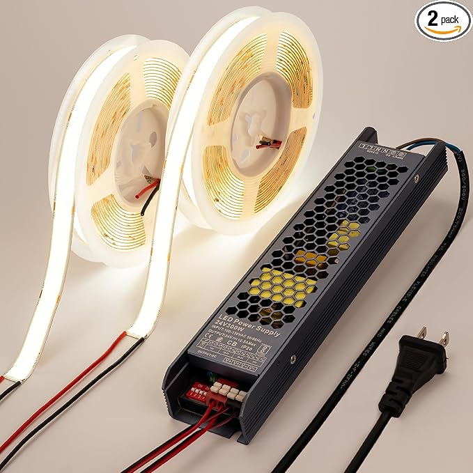 24V 15MM Wide COB LED Strip Light 32.8ft (2 Rolls of 16.4ft), 4000K Natural White Super Bright 25W/M 2750LM/M CRI 92 LED Tape Lights with Power Supply for Living Room Commercial