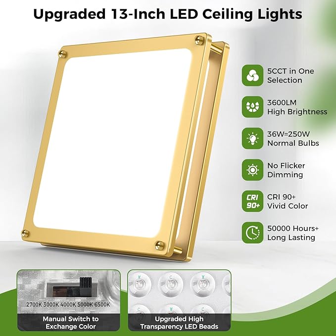13 Inch Gold Square LED Ceiling Lights for Bedroom Kitchen Bathroom, 36W Super Bright 3200LM Modern Flush Mount Light Fixture, 2700K-6500K Selectable Dimmable Close to Ceiling Double Ring Lamp, 1-Pack