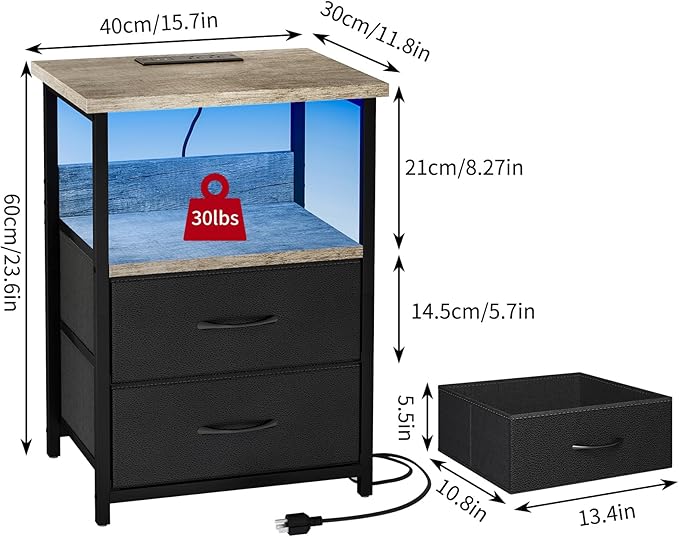 Fixwal Night Stand with Charging Station, LED Nightstand with U-S-B Ports and Outlets, 2 Fabric Storage Drawers with PU Finish, Bed Side Table, French Oak