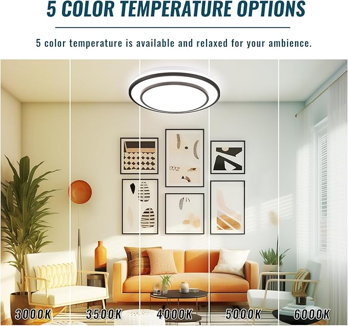 20" LED Flush Mount Ceiling Light Fixture Dimmable, Black Fixture Ceiling Mount 36W,Modern Close to Ceiling Light 5CCT for Living Room,Kitchen,Bedroom