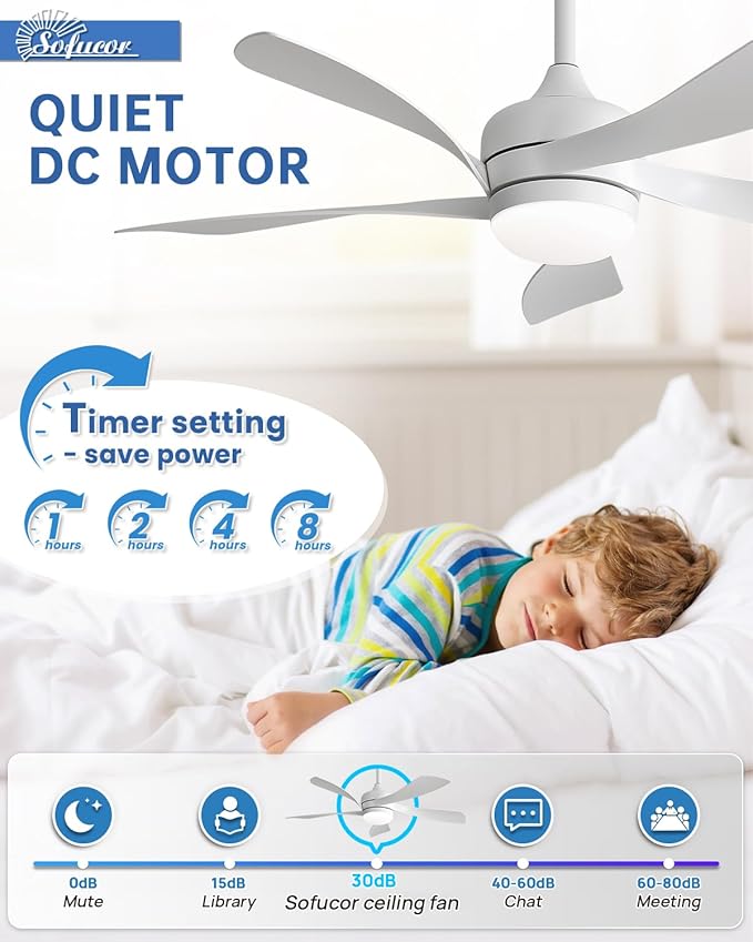 Sofucor 42" Smart Ceiling Fan, Indoor/Outdoor White Ceiling Fans with Lights and Remote, Works with Alexa/Google/App, 3-Color Light 6-Speed Timing Reversible DC Motor for Bedroom Living Room Patio