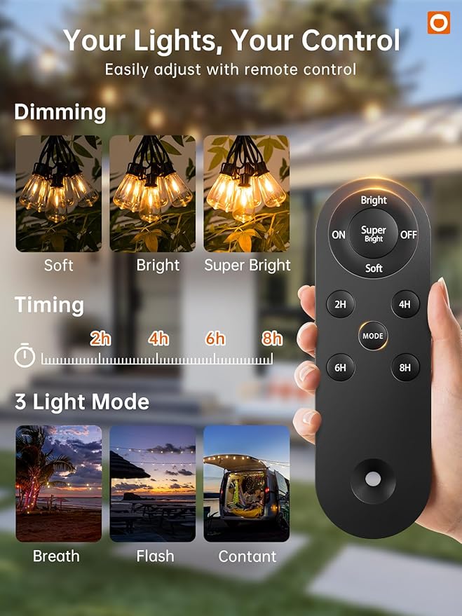addlon 35FT Solar String Lights Outdoor, IP54 Waterproof Solar Powered with Remote & USB Port, 10+1 LED Shatterproof Bulbs, Dimmable Solar Light Outdoor for Camping Backyard Bistro Porch (Pack of 2)