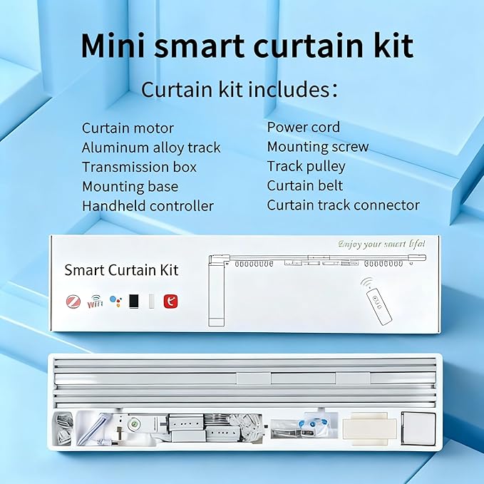 Smart Curtain Track System with Mini Wifi Motor, Automatic Ceiling Curtain Opener, Motorized Curtains Rod 88.6''(2.2m) with App, Voice, Remote Control, Compatible with Alexa,Google and Siri