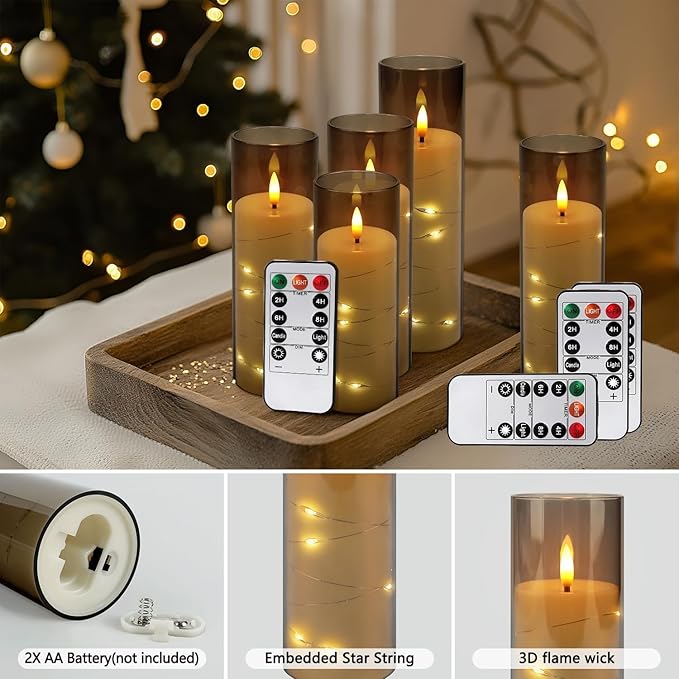 24 Pack Flameless LED Pillar Candles with Remote & Timer, Flickering Battery Operated Candles with Embedded Starry Lights, 3-Sizes Gray Acrylic Decorative Candles for Wedding, Home, Party Decor