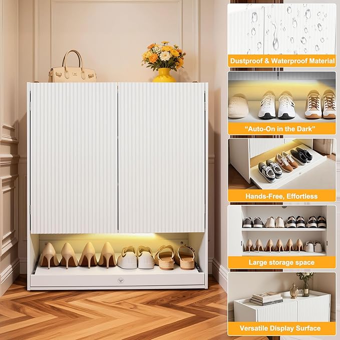 Shoe Cabinet with LED Light, 4-Tier Shoe Storage Cabinet with 2 Adjustable Shelves, Large Shoe Storage with Fluted Panel Modern Shoe Rack for Entryway, Bottom Pop-Up Shoe Rack, White