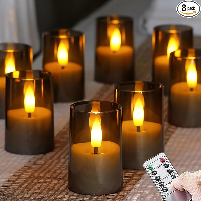 Flameless Small Tea Light LED Candles, Acrylic Battery Operated Votive 1.7" x2.5" with Remote Control and Timer, Tealight Grey Flickering Warm Light Pack of 8 Electric Long Lasting