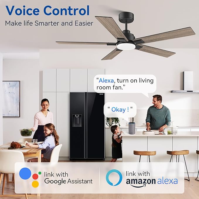 52Inch Smart Ceiling Fan with Lights Remote,APP&Voice Alexa WIFI Controled,Quiet Reversible DC Motor,Dimmable LED,Indoor Outdoor Modern Ceiling Fan,for Living Room Bedroom Patio Porch,Black&Walnut