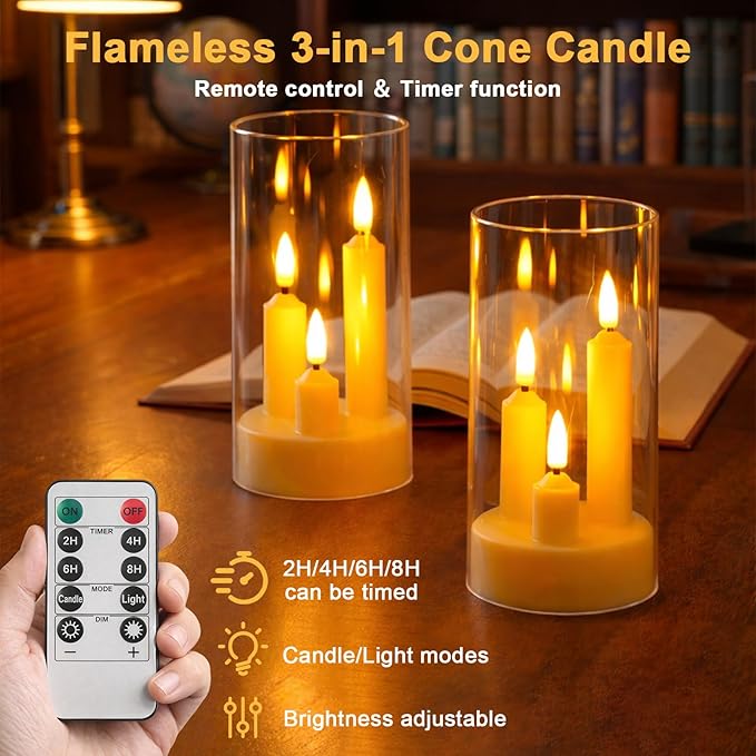 Flameless 3-in-1 Cone Candle with Remote & Timer, Battery-Operated LED Candle with 3D Flickering Wick, Acrylic,for Home Decor, Holiday Parties & Wedding Centerpieces(2pcs)