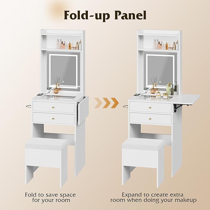 WLIVE Small White Vanity Desk with Mirror and Adjustable Lights, Makeup Vanity Set with Fold-up Panel and Chair, Vanity Table with Charging Station for Small Space, Bedroom