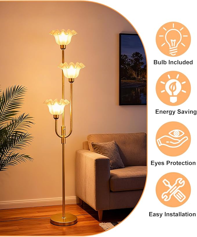 Lightdot 66IN Flower Floor Lamp 3-Lights Vintage Floor Lamps with 3000K Warm White Bulbs for Wedding Party Modern Tall Standing Lamp for Living Room/Bedroom/Sofa Beside/Corner Decor