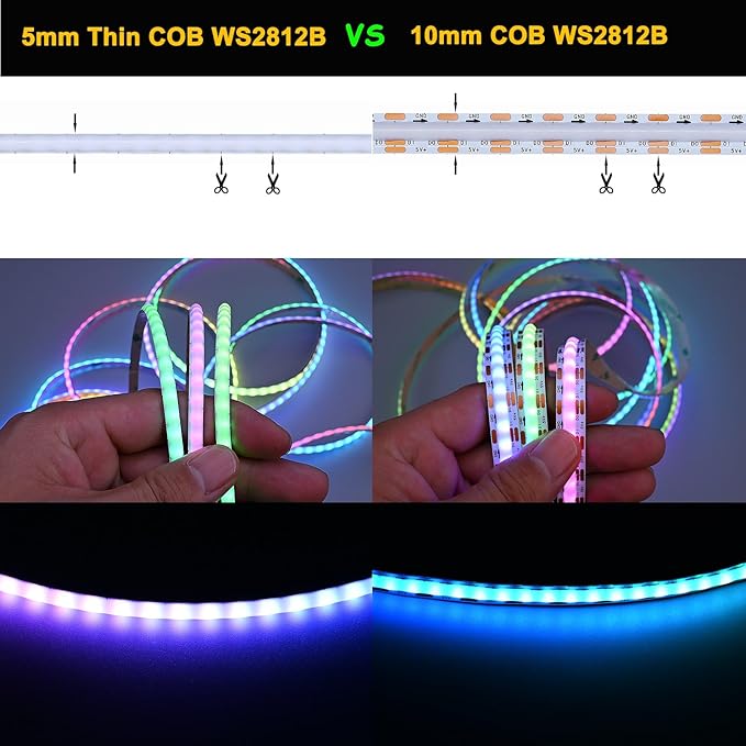 TOPAI 5mm Ultra Thin WS2812B COB LED Strip 16.4ft DC5V Smart IC RGB Individual Addressable Dream Color 160LED/M Flexible Light Tape for Gaming Room/Home Theater