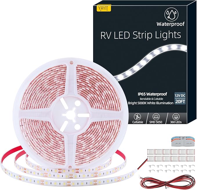 RV Awning Lights, 12V 20FT LED Camper Awning Lights for Outside Camper Motorhome Travel Trailer, Waterproof RV Exterior Canopy Strip Lights, 5000K Underglow