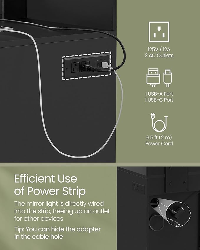 VASAGLE Kailyn Collection - Vanity Desk with Power Outlets and LED Lights, 35.4-Inch Wide Makeup Table with Mirror, Drawer and Cabinet, for Bedroom, Ink Black URDT128C01S